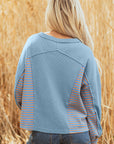Stripe Patchwork Waffle Knit V-Neck Pullover