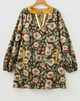 Floral Contrast Trim V-Neck Long Sleeve Pocketed Dress