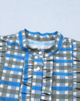 Plaid Long Sleeve Frilled Half Button Blouse