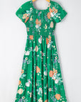 Floral Bubble Sleeve Smocked Tiered Midi Dress