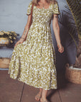 Boho Floral Smocked Square Neck Puff Sleeve Dress