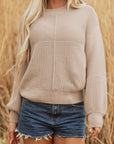 Ribbed Patchwork Textured Knit Puff Sleeve Sweater
