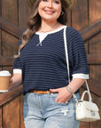 Plus Size Stripe Contrast Trim Ribbed T-Shirt