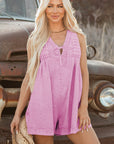 Denim Mineral Wash Pleated V-Neck Romper
