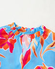 Floral V-Neck Pompom Trim Flutter Sleeve Blouse