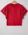 Solid Pearl Embellished Double Ruffle Sleeve Sweater