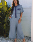 Half Placket Chest Pockets Wide Leg Jumpsuit