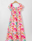 Abstract Ruffle Sleeve Smocked Maxi Dress