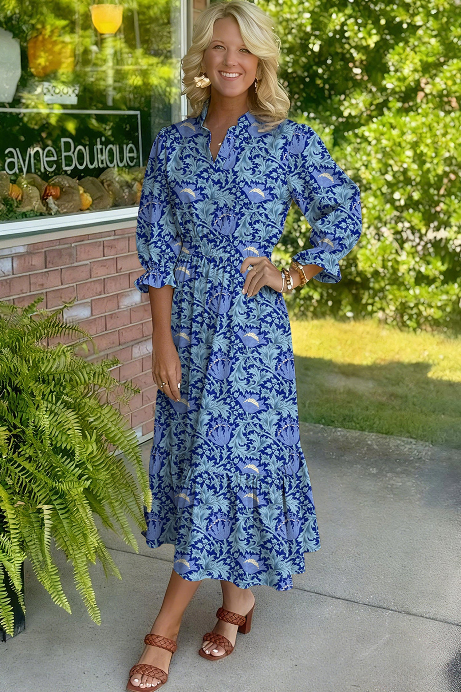 Floral Frilled V-Neck 3/4 Sleeve Midi Dress