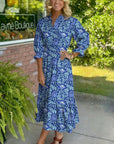 Floral Frilled V-Neck 3/4 Sleeve Midi Dress