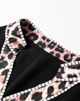 Leopard Trim Puff Sleeve Buttoned V-Neck Shirt