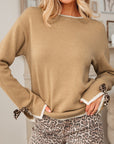 Leopard Bow Split Cuff Contrast Trim Sweater