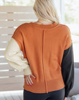 Colorblock Raw Edge Bubble Sleeve V-Neck Sweater
