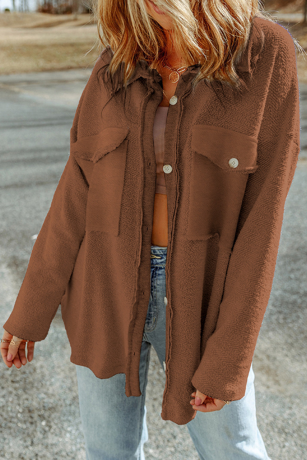 Solid Reverse Seam Button-Front Terry Shacket