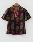Floral Contrast Slit V-Neck Short Bubble Sleeve Blouse