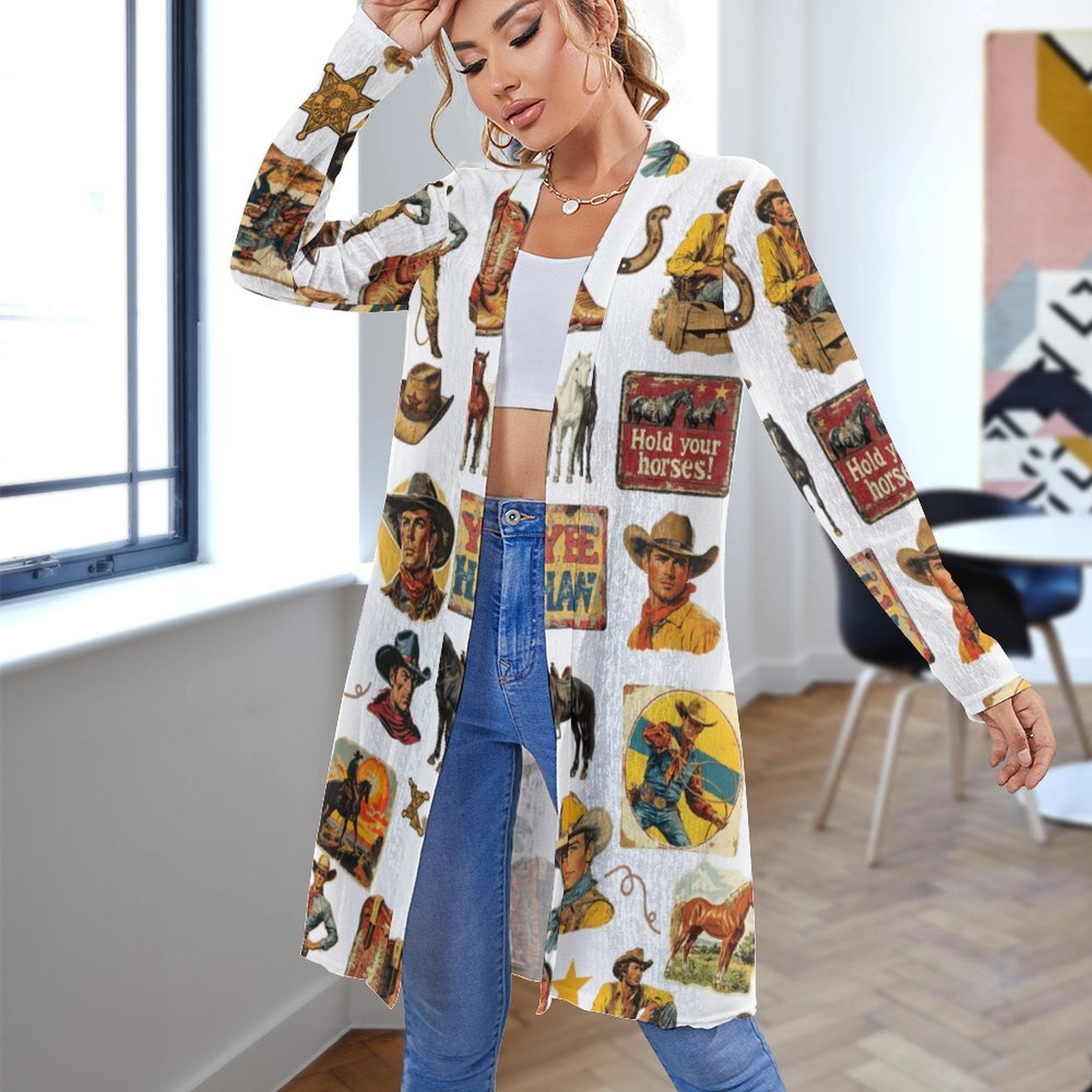 Baha Ranch Vintage Cowboy Collage Western Lightweight Cardigan