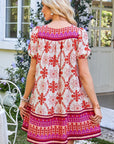 Boho Floral Lace-Up V-Neck Mini Dress
