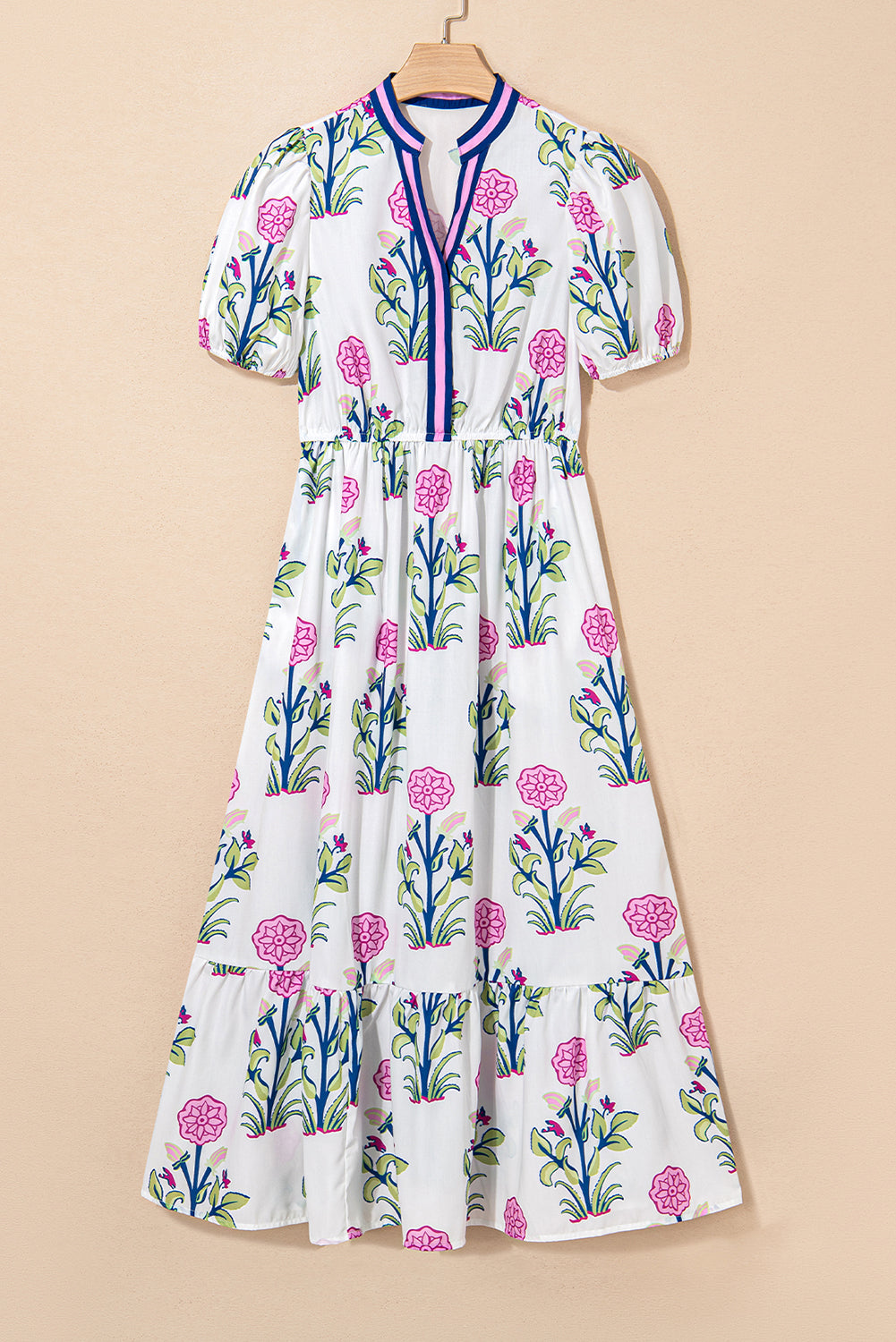 Floral Ruffle Hem Pop of Color Neckline Dress