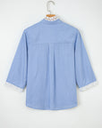 Dotted Denim Lace Trim Collared V-Neck Blouse