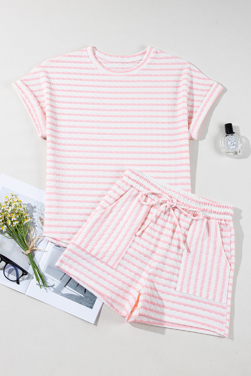 Stripe Knitted Top &amp; Drawstring Shorts Set