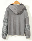 Stripe Waffle Patchwork Hooded Long Sleeve Top