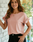 Solid Ribbed Knit Ruffle Short Sleeve T-Shirt