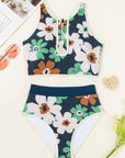 Flower Zip-Up Racerback Top & High Waist Bikini Set