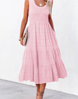 Shirred Pleated Square Neck Sleeveless Midi Dress