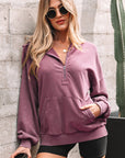 Solid Half-Zip Kangaroo Pocket Baggy Hoodie