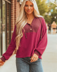 Waffle Patchwork Drop Shoulder Long Sleeve Hooded Top