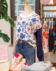 Floral Panel Colorblock Sleeve Crewneck Sweater