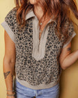 Leopard Zip-Up Collared Cap Sleeve Top