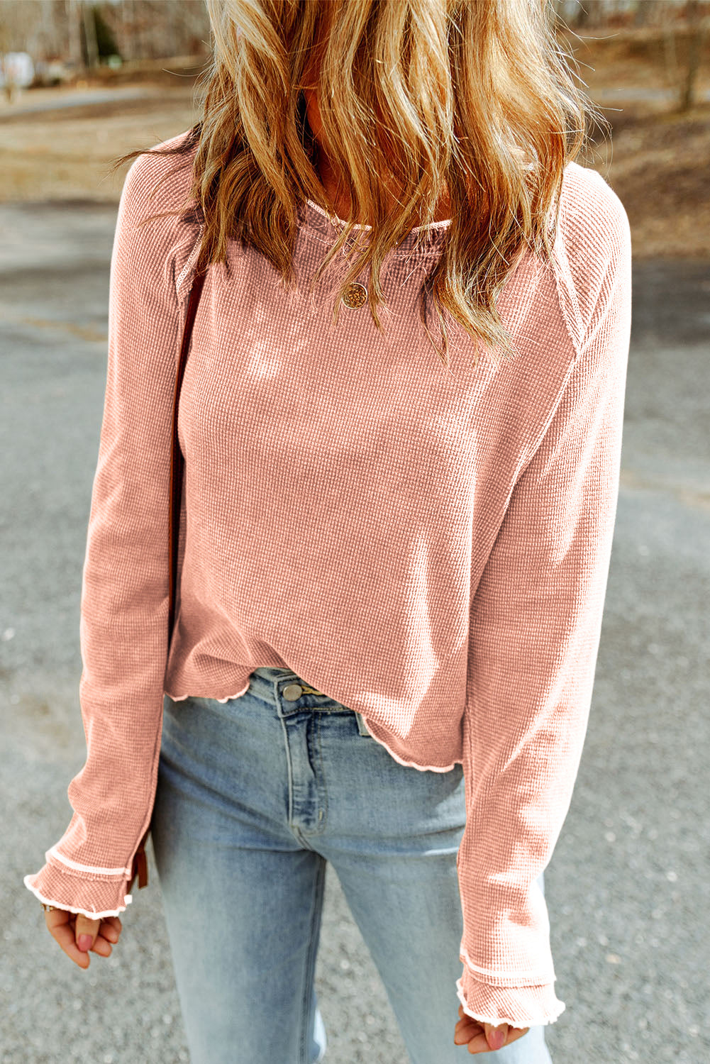 Solid Waffle Knit Round Neck Long Sleeve Top