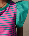 Stripe Colorblock Ruffle Sleeve Crewneck Blouse
