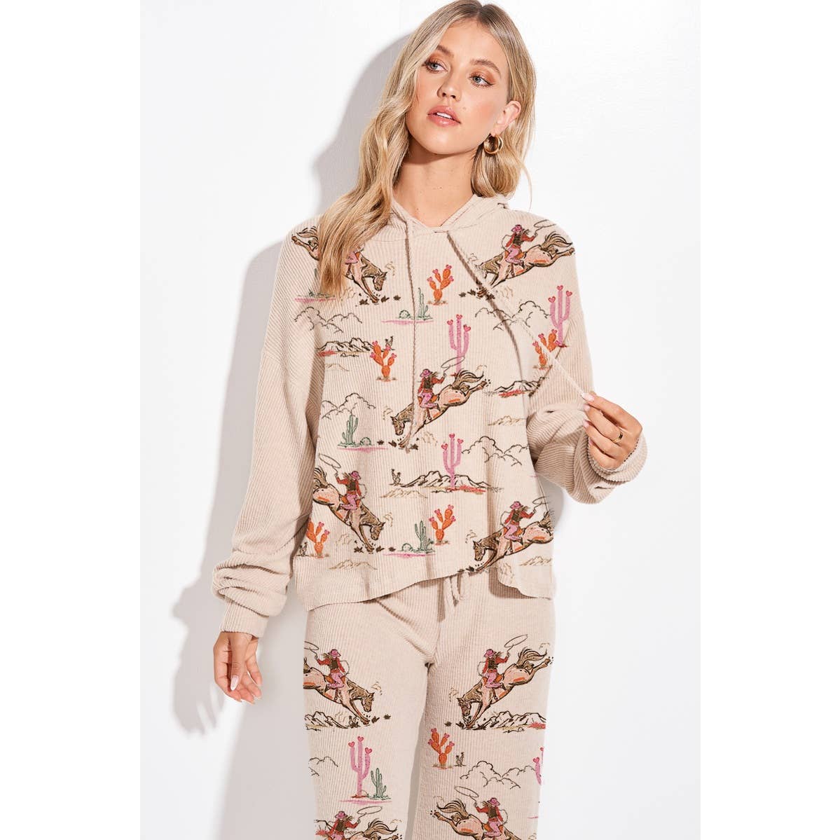 Desert Cowgirl Print Rib Hoodie Loungewear Set