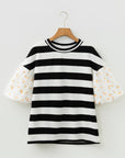 Stripe Floral Patchwork Puff Sleeve Blouse