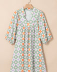 Geometric Floral 3/4 Sleeve Notched Neck Mini Dress