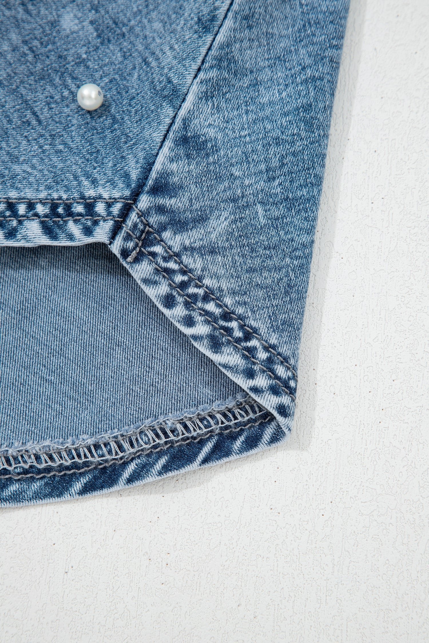 Denim Pearl Embellish Elastic Waist Mini Skort