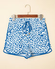 Leopard Contrast Trim Elastic Waist Drawstring Shorts