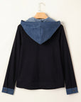 Ribbed Knit Contrast Denim Patchwork Hooded Top