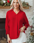 Solid Collared V-Neck Smocked 3/4 Sleeve Top
