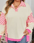 Pink Stripe Contrast Polo Collar Drop Shoulder Patchwork Plus Size Pullover