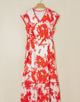 Floral Trim V-Neck Ruffle Sleeve Midi Dress