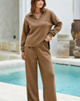 Solid V-Neck Top and High Waist Pants Set