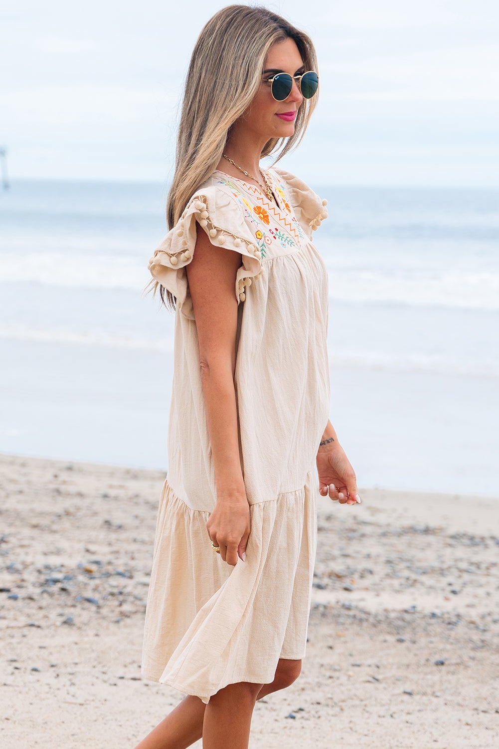 Meredith Embroidery Split Neck Short Dress