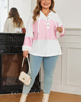 Plus Size Stripe Leopard Patchwork Waffle Knit Buttoned Hoodie