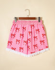 Bow Stripe Patchwork Elastic Waist Lace Trim Shorts