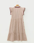 Stripe Ruffle Short Sleeve V-Neck Midi Dress