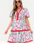 Floral Contrast Trim V-Neck Babydoll Dress