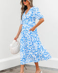 Floral V-Neck Puff Sleeve Flowy Maxi Dress